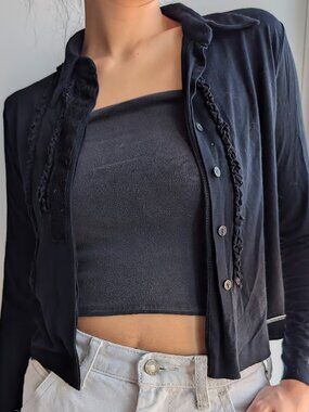 Vintage Cropped Ruffle-Trim Cardigan